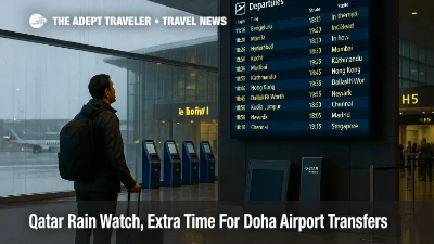 Traveler checks the departures board at Hamad International during a Doha rain shower, with wet reflections near the entry and light queues at check-in