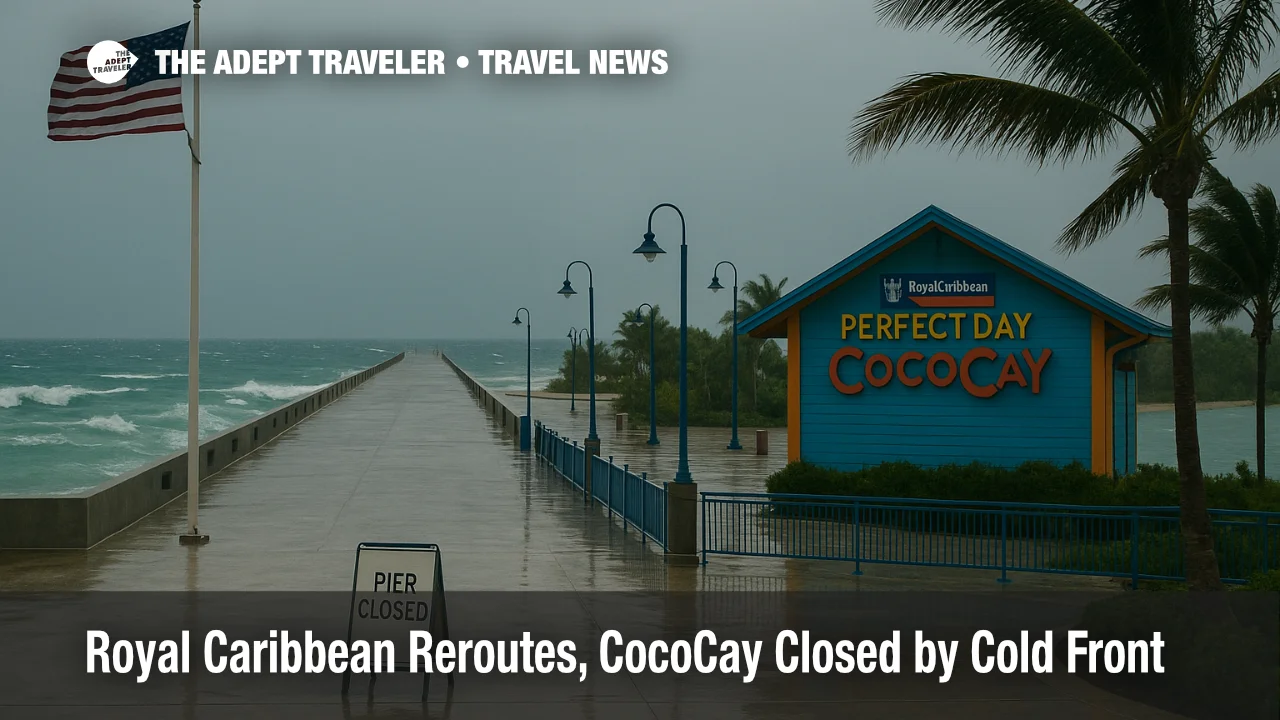 Overcast view of Perfect Day at CocoCay pier with whitecaps and wet surfaces, signaling weather closure at Royal Caribbean's private island