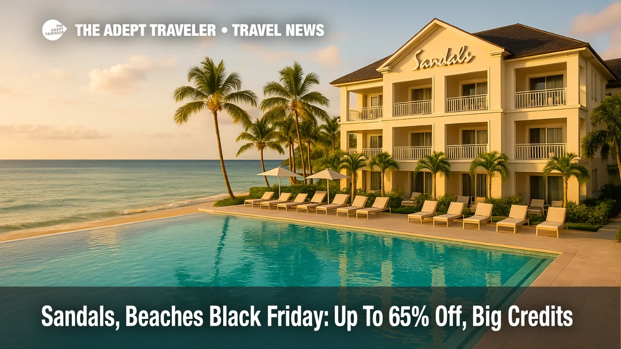Sandals Black Friday sale context at Sandals Montego Bay, beachfront pool and resort façade under warm late-day light with calm Caribbean water