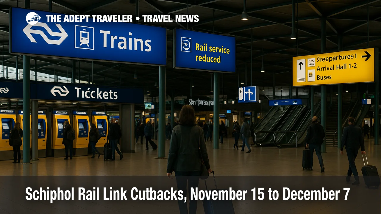 Passengers queue at Amsterdam Airport Schiphol check-in with fewer trains available, illustrating rail link cutbacks during November 15 to December 7 maintenance