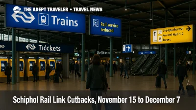 Passengers queue at Amsterdam Airport Schiphol check-in with fewer trains available, illustrating rail link cutbacks during November 15 to December 7 maintenance