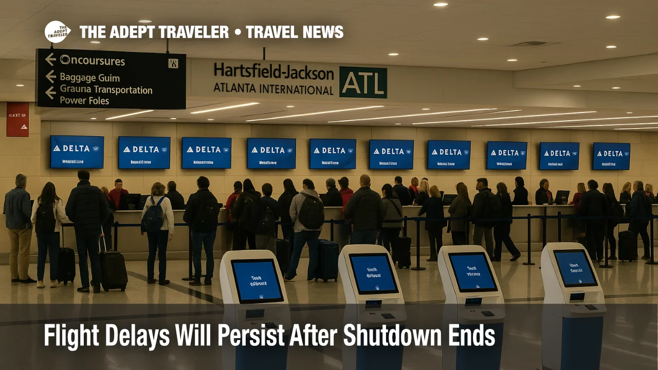 Travelers queue at ATL check-in counters during FAA ordered cuts, illustrating ongoing flight delays even as the government shutdown ends