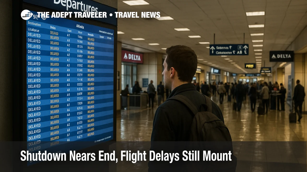 Traveler checks the departures board at Hartsfield Jackson Atlanta amid FAA related flight delays, with a busy concourse and realistic wayfinding in view