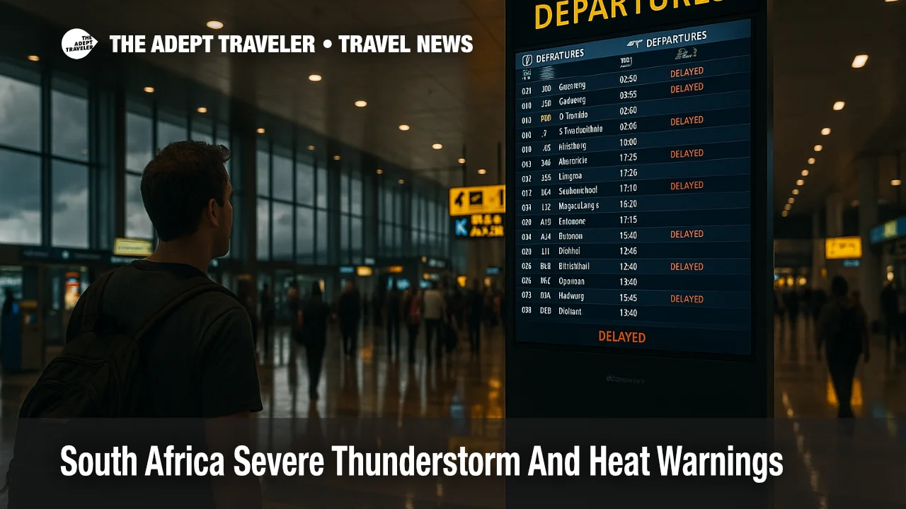 Traveler checks departures board at O. R. Tambo during storm delays, concourse reflections and dark clouds hint at Gauteng thunderstorm warnings