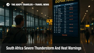 Traveler checks departures board at O. R. Tambo during storm delays, concourse reflections and dark clouds hint at Gauteng thunderstorm warnings