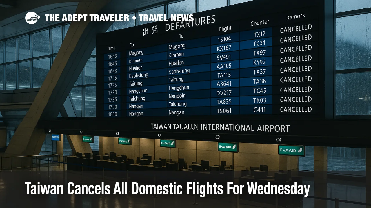 Departures board inside Taiwan Taoyuan International Airport during Tropical Storm Fung Wong, cancellations and retimes reflecting rolling schedule changes