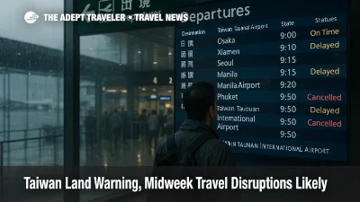 Traveler checks departures board at Taiwan Taoyuan International Airport during Fung Wong land warning, with rain and delays likely through Wednesday