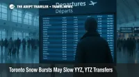 Traveler checks departures board at Toronto Pearson as light snow clears, deicing continues, and residual delays affect morning and midday flights