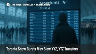 Traveler checks departures board at Toronto Pearson as light snow clears, deicing continues, and residual delays affect morning and midday flights