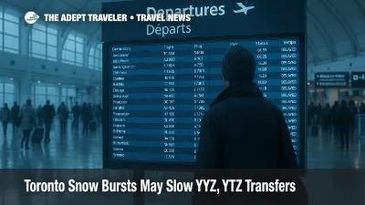 Traveler checks departures board at Toronto Pearson as light snow clears, deicing continues, and residual delays affect morning and midday flights