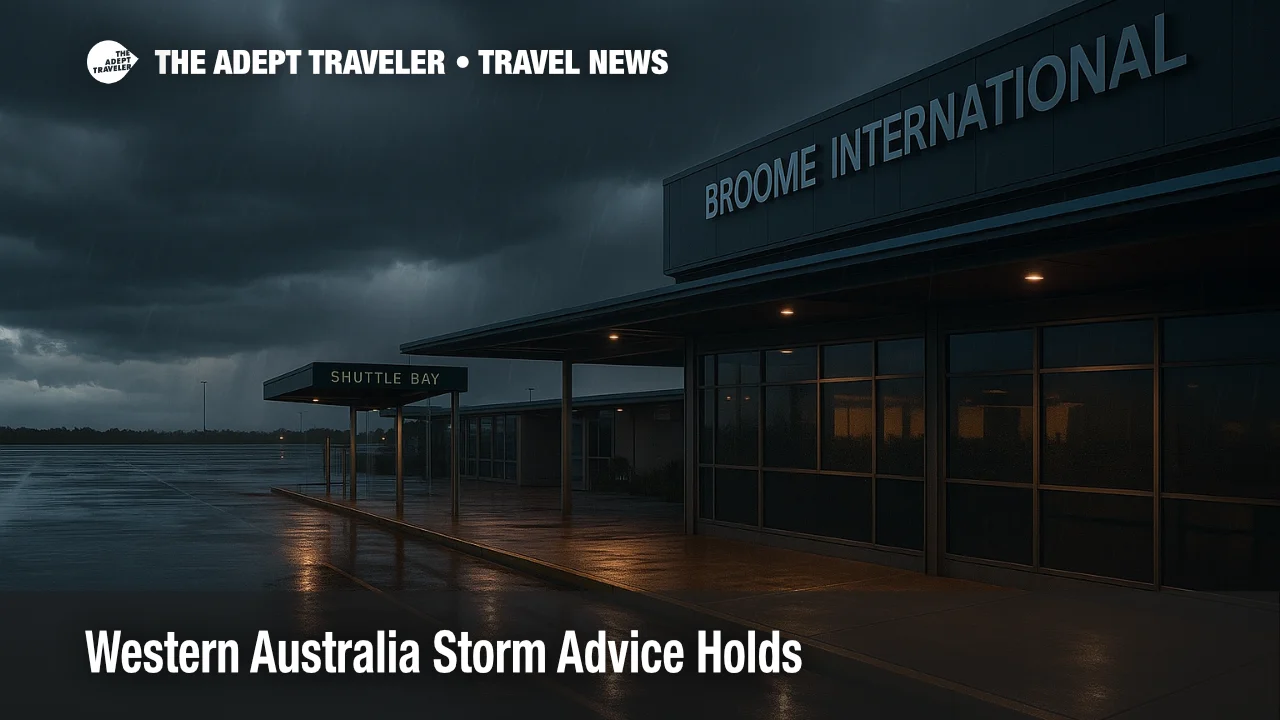Wet curbside at Broome International Airport with shuttle bay and storm clouds overhead, matching Western Australia storm advice and Broome transfers focus