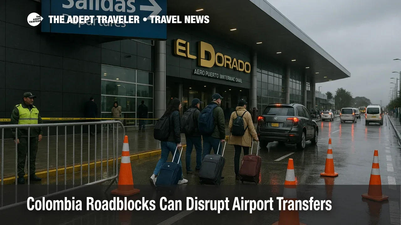 Travelers at El Dorado International Airport curb in Bogotá with barriers and police presence, illustrating Colombia roadblocks and airport access checks