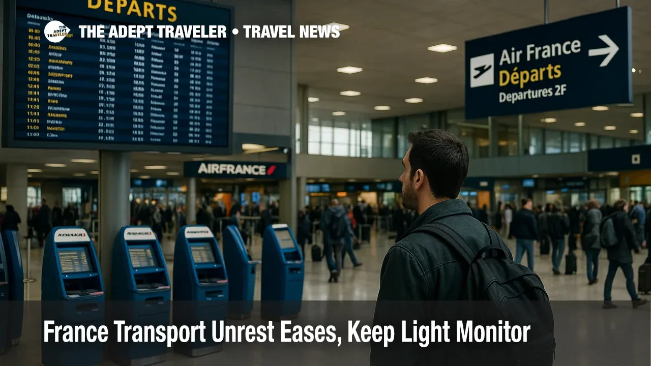Traveler checks the departures board at Paris Charles de Gaulle Airport during strike warnings, with Air France kiosks and wayfinding visible