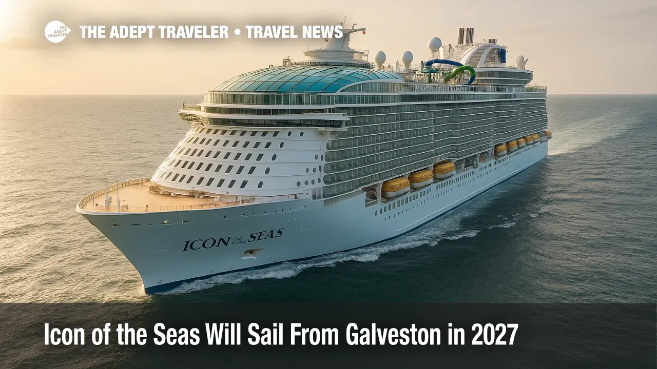 Icon of the Seas cruising near Galveston with a bright overcast sky and steady wake, illustrating Royal Caribbean's 2027 Texas deployment and new booking window