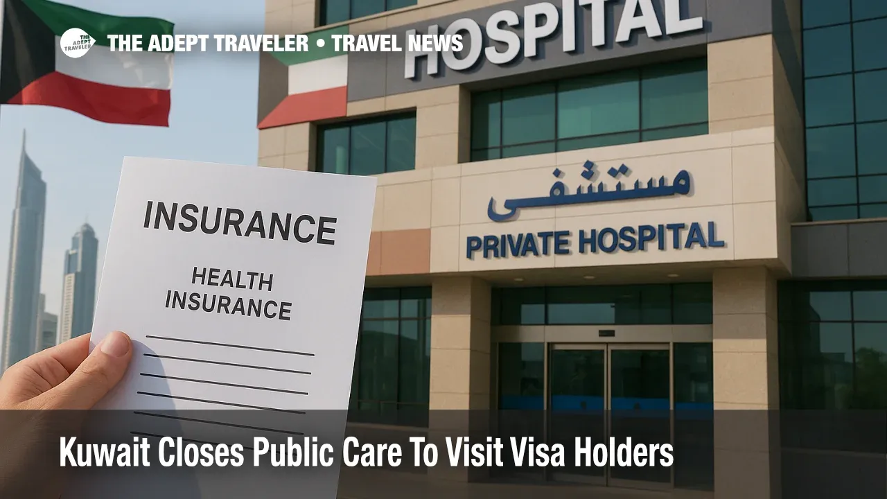 Health insurance document held outside a private hospital in Kuwait, visualizing Kuwait visitor healthcare policy