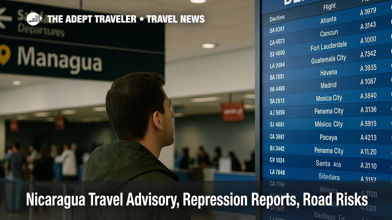 Traveler checks the departures board in Managua as advisories warn of protests that may disrupt roads and airport access in Nicaragua