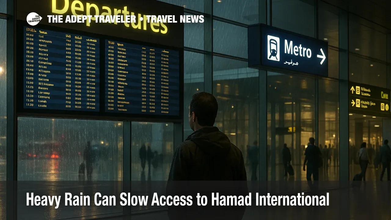 Traveler checks the Departures board at Hamad International Airport as rain darkens the concourse, Metro wayfinding visible for Terminal 1 access
