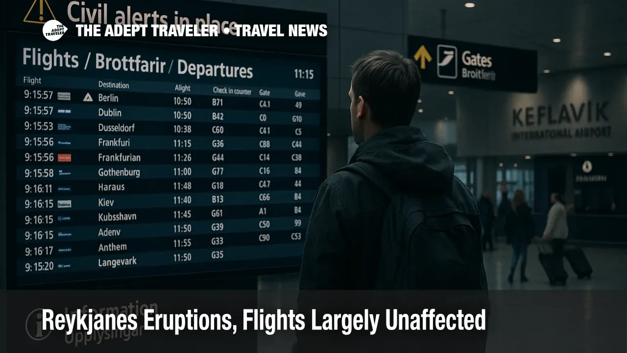 Traveler studies departures board at Keflavík International Airport as Reykjanes eruptions continue, with flights largely unaffected and civil alerts in place