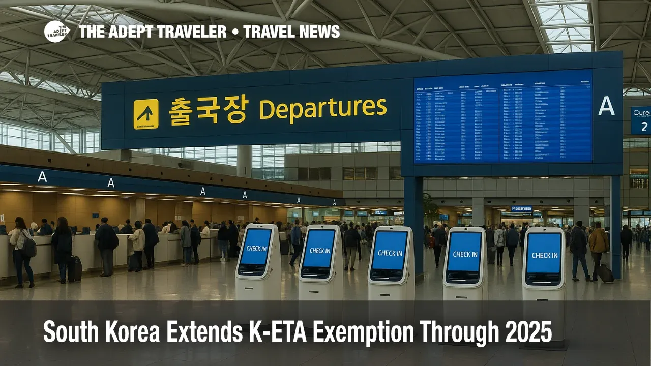 Incheon check-in hall with kiosks and departures board, illustrating 2025 K-ETA exemption for select passports and optional K-ETA for arrival card benefits