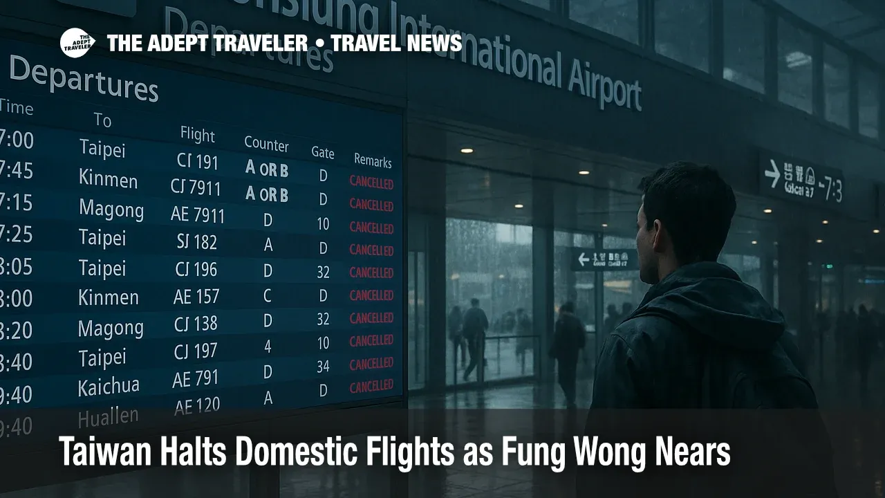 Traveler checks the departures board at Kaohsiung International Airport as Fung Wong cancels domestic flights and triggers county closures