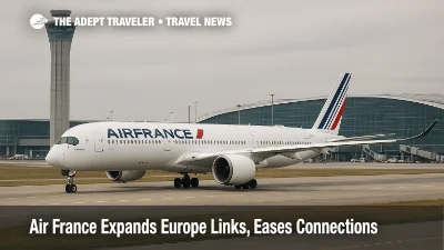 Air France A350 taxiing at Paris Charles de Gaulle, with the tower and Terminal 2 visible, illustrating the airline's expanded European network