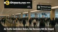 Travelers at Atlanta's main check in hall move past kiosks as operations normalize, illustrating staged FAA capacity rollbacks and lingering delays
