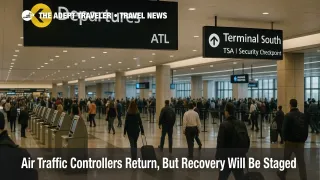 Travelers at Atlanta's main check in hall move past kiosks as operations normalize, illustrating staged FAA capacity rollbacks and lingering delays