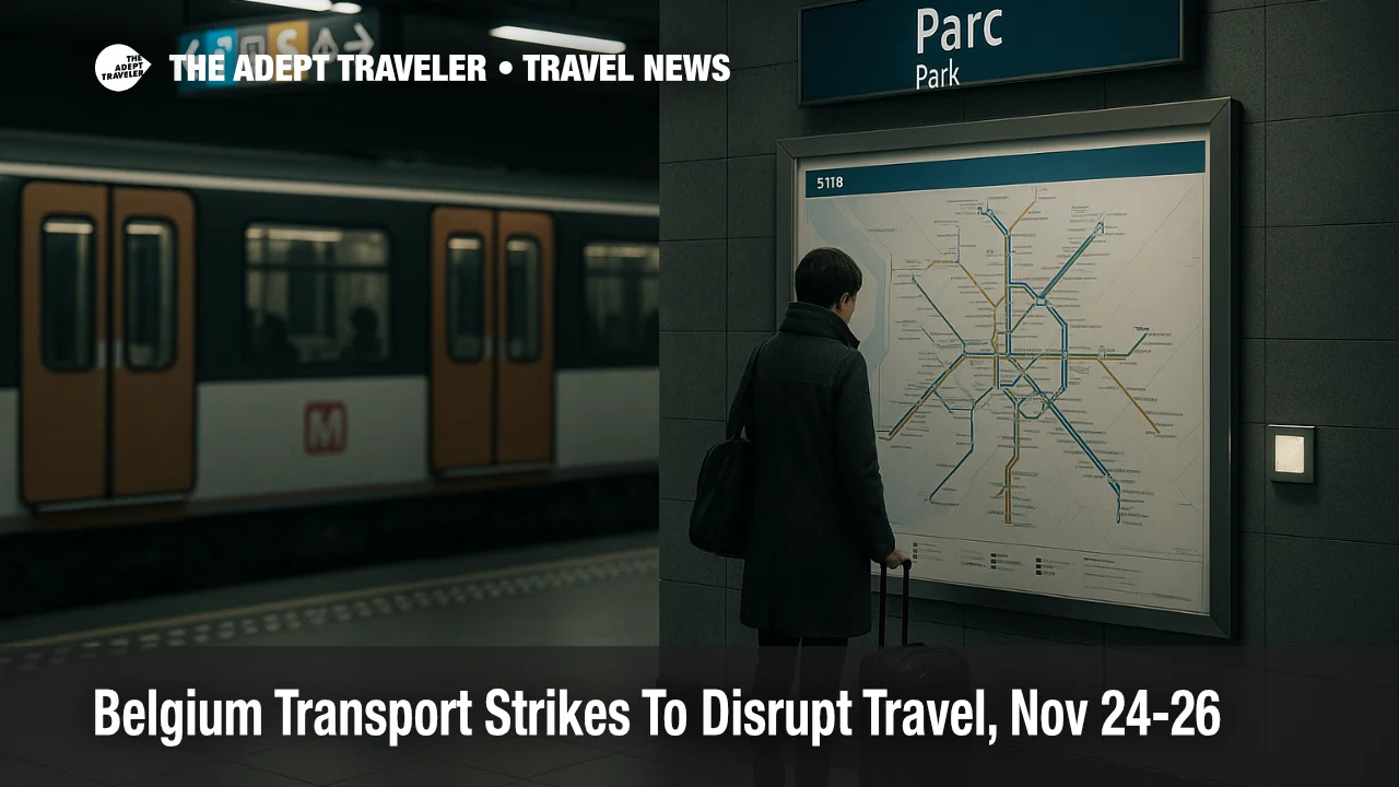 Traveler checking a real STIB network map on a Brussels Metro platform during Belgium transport strikes, subdued light and authentic wayfinding