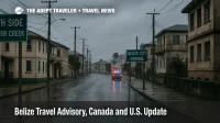 Overcast street scene near Haulover Creek in Belize City, empty roadway after rain, highlighting advisory focus on Southside crime risk
