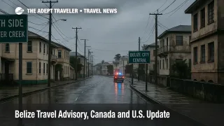 Overcast street scene near Haulover Creek in Belize City, empty roadway after rain, highlighting advisory focus on Southside crime risk