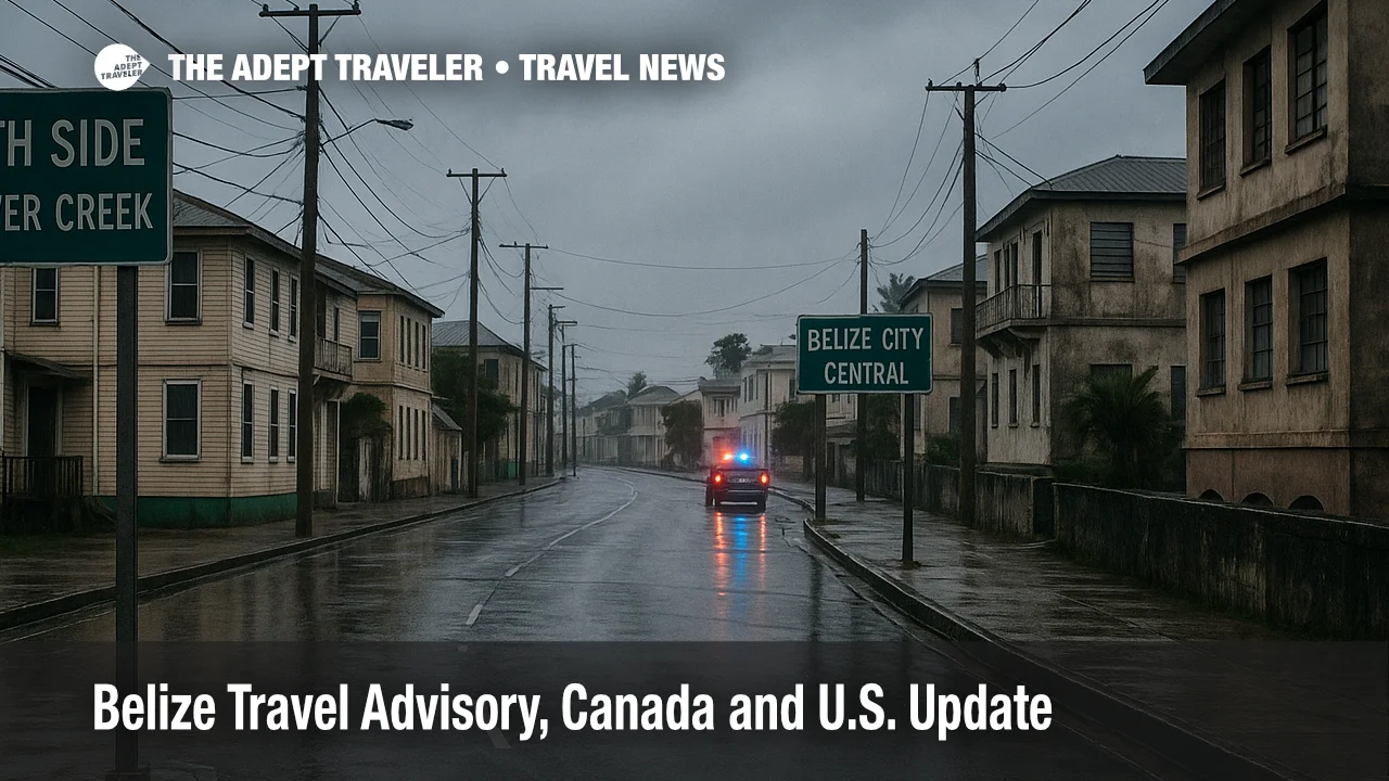 Overcast street scene near Haulover Creek in Belize City, empty roadway after rain, highlighting advisory focus on Southside crime risk