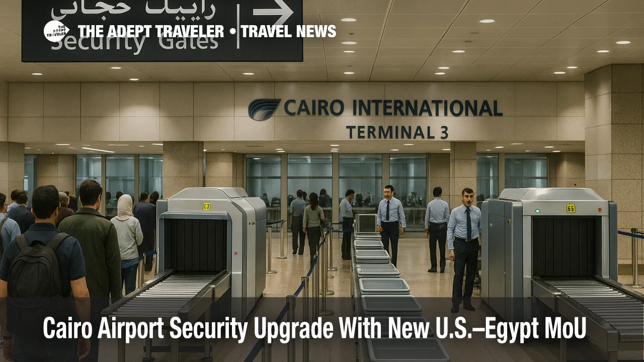 Security lanes at Cairo International with new scanners and a small queue, illustrating airport screening upgrades under the U.S.-Egypt memorandum