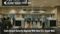 Security lanes at Cairo International with new scanners and a small queue, illustrating airport screening upgrades under the U.S.-Egypt memorandum
