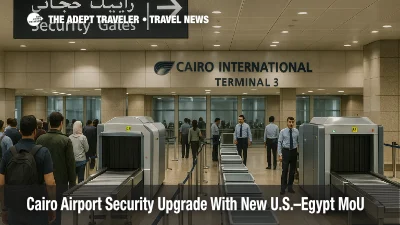 Security lanes at Cairo International with new scanners and a small queue, illustrating airport screening upgrades under the U.S.-Egypt memorandum