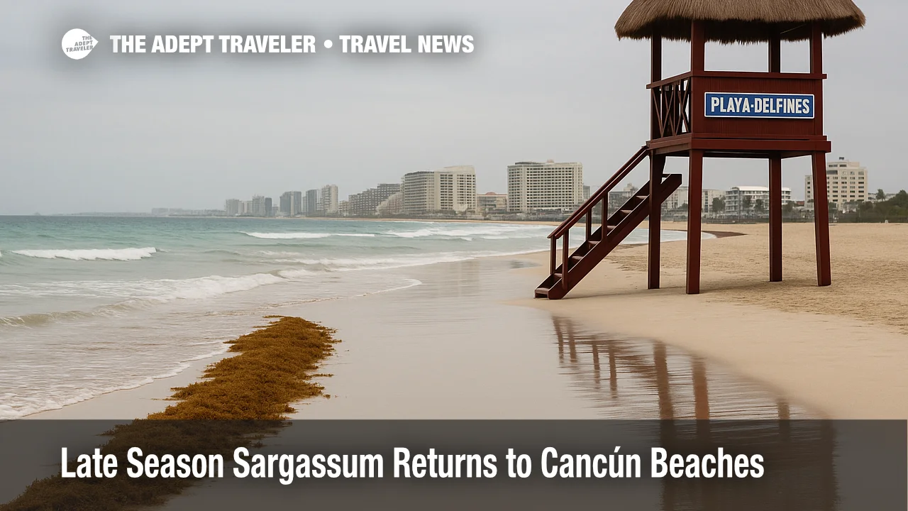 Narrow line of sargassum along the surf at Playa Delfines in Cancún, with wet sand reflections and the hotel zone on the horizon
