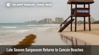 Narrow line of sargassum along the surf at Playa Delfines in Cancún, with wet sand reflections and the hotel zone on the horizon