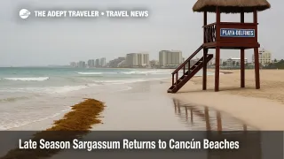 Narrow line of sargassum along the surf at Playa Delfines in Cancún, with wet sand reflections and the hotel zone on the horizon