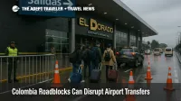 Travelers at El Dorado International Airport curb in Bogotá with barriers and police presence, illustrating Colombia roadblocks and airport access checks