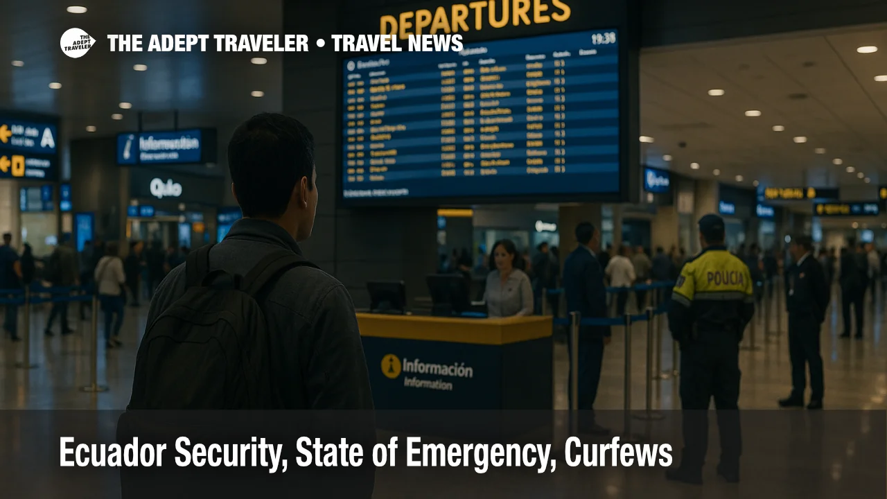 Traveler checks the departures board at Quito Mariscal Sucre Airport during a curfew period, security staff and wayfinding visible in the hall
