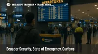 Traveler checks the departures board at Quito Mariscal Sucre Airport during a curfew period, security staff and wayfinding visible in the hall