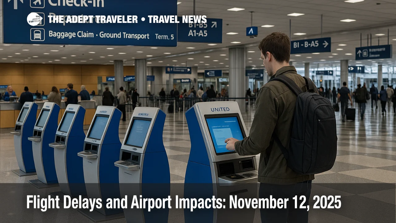 Traveler using a self-service kiosk inside Chicago O'Hare as operations slow, showing real wayfinding and queues, flight delays and airport impacts context
