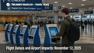 Traveler using a self-service kiosk inside Chicago O'Hare as operations slow, showing real wayfinding and queues, flight delays and airport impacts context
