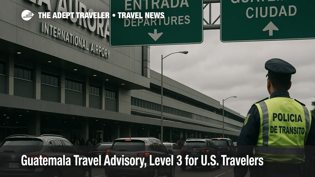 Departures hall at La Aurora International Airport with travelers checking a board, illustrating Guatemala travel advisory and extra transfer time guidance