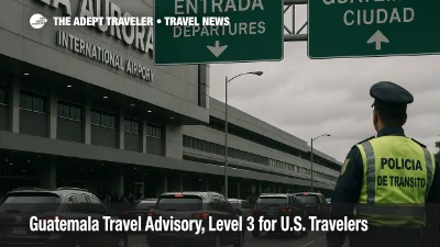 Departures hall at La Aurora International Airport with travelers checking a board, illustrating Guatemala travel advisory and extra transfer time guidance