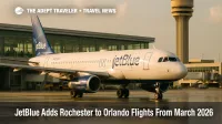 JetBlue A320 taxiing at Orlando International, terminal and tower behind, illustrating new Rochester to Orlando nonstop route launch