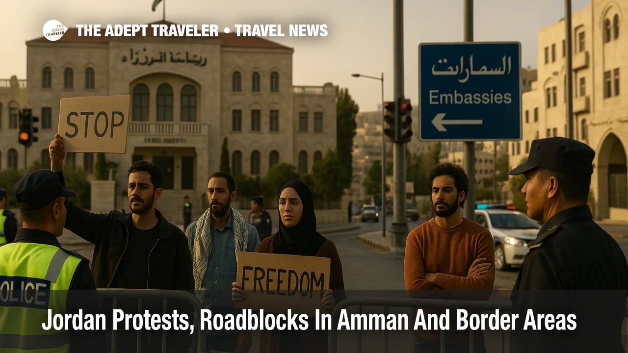 Police hold a rolling roadblock near the Prime Ministry in Amman as a small Friday protest forms, causing traffic delays and Jordan protest road closures