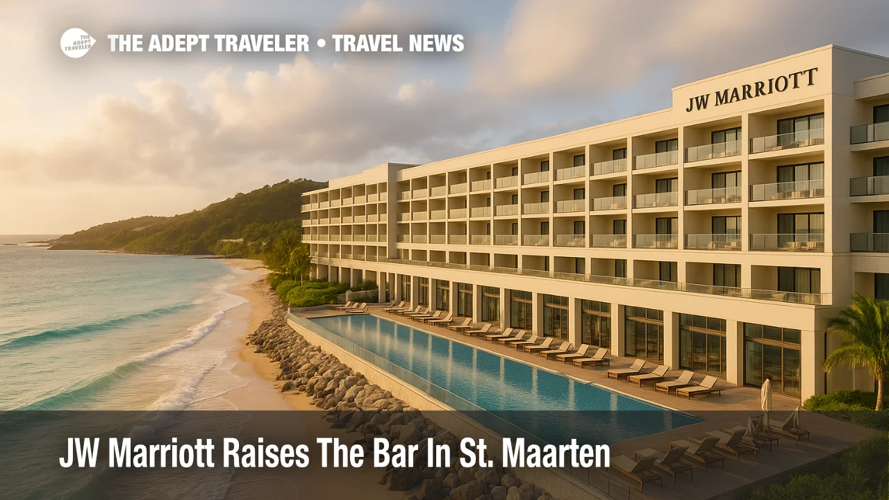 Oceanfront JW Marriott St. Maarten at Dawn Beach, warm light on the façade, turquoise water and low surf, resort adds a luxury option on the Dutch side