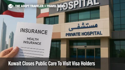 Health insurance document held outside a private hospital in Kuwait, visualizing Kuwait visitor healthcare policy