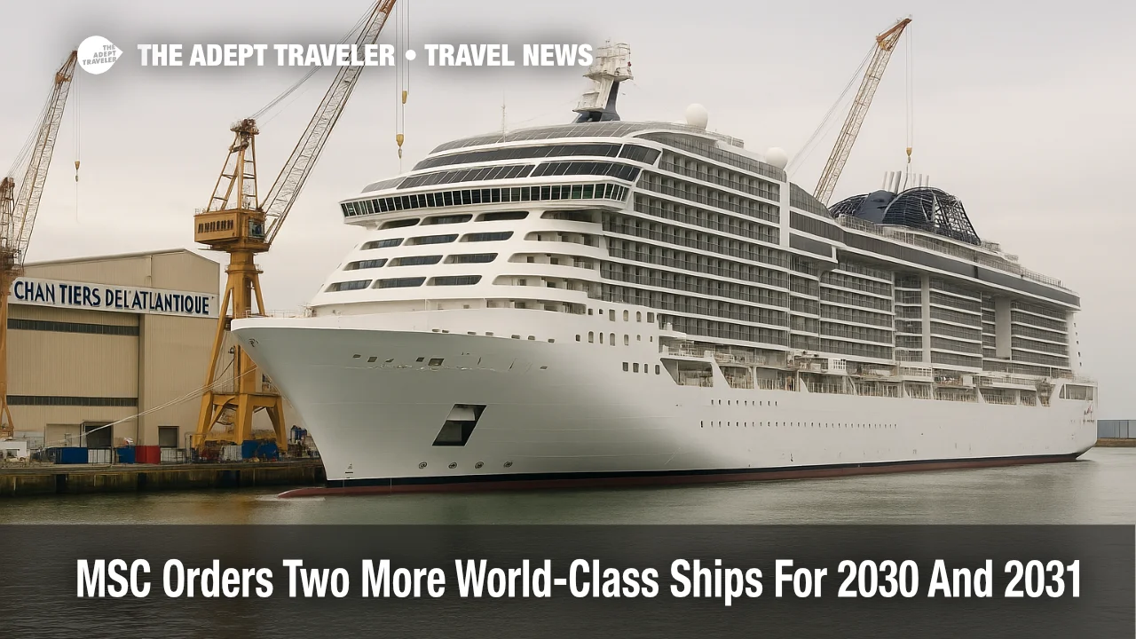 MSC World-class hull at Chantiers de l'Atlantique in Saint-Nazaire, with cranes and yard buildings, illustrating MSC's two new ships for 2030 and 2031
