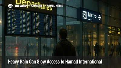 Traveler checks the Departures board at Hamad International Airport as rain darkens the concourse, Metro wayfinding visible for Terminal 1 access